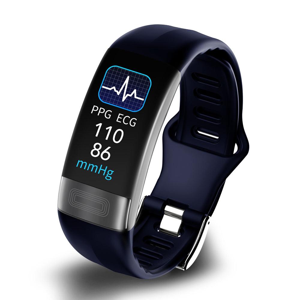 Dark blue silicone health tracking bracelet with ECG and PPG readings on screen
