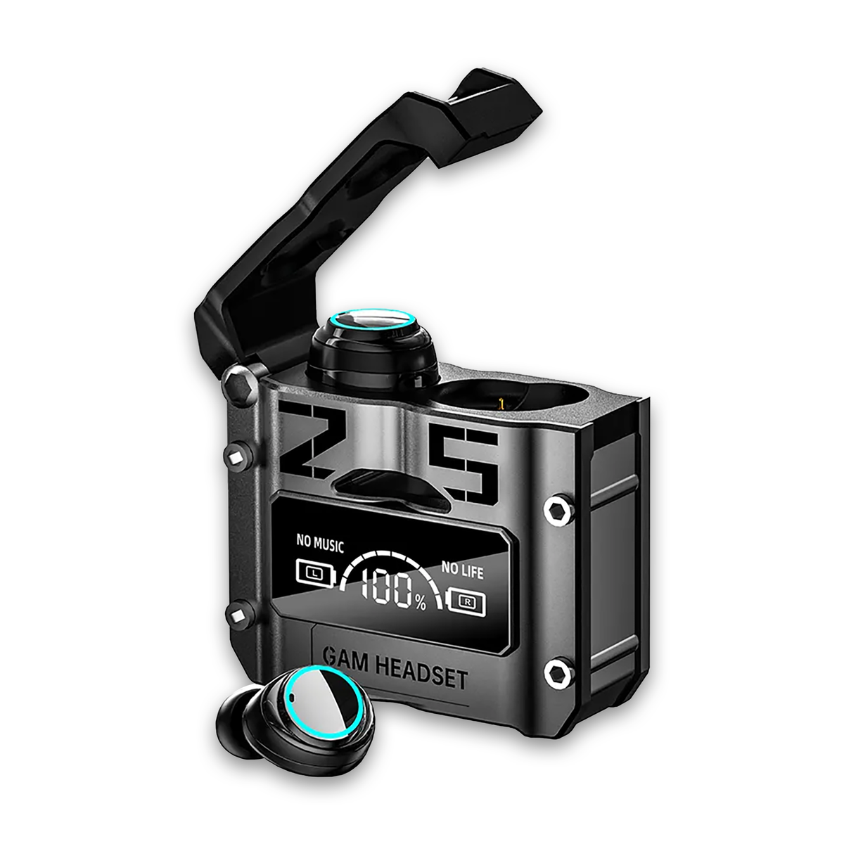 Black wireless earbuds charging case with open lid and two earbud pods