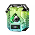 Green wireless earbuds with matching charging case and front digital battery display