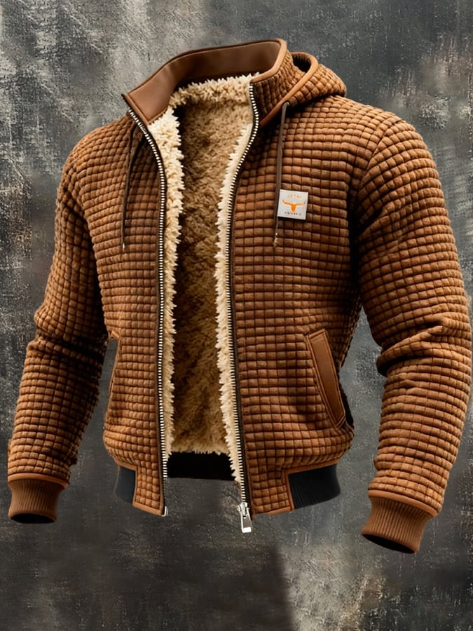 Men's quilted sherpa-lined jacket, brown with tan sherpa lining, brown-trim pockets, zip front
