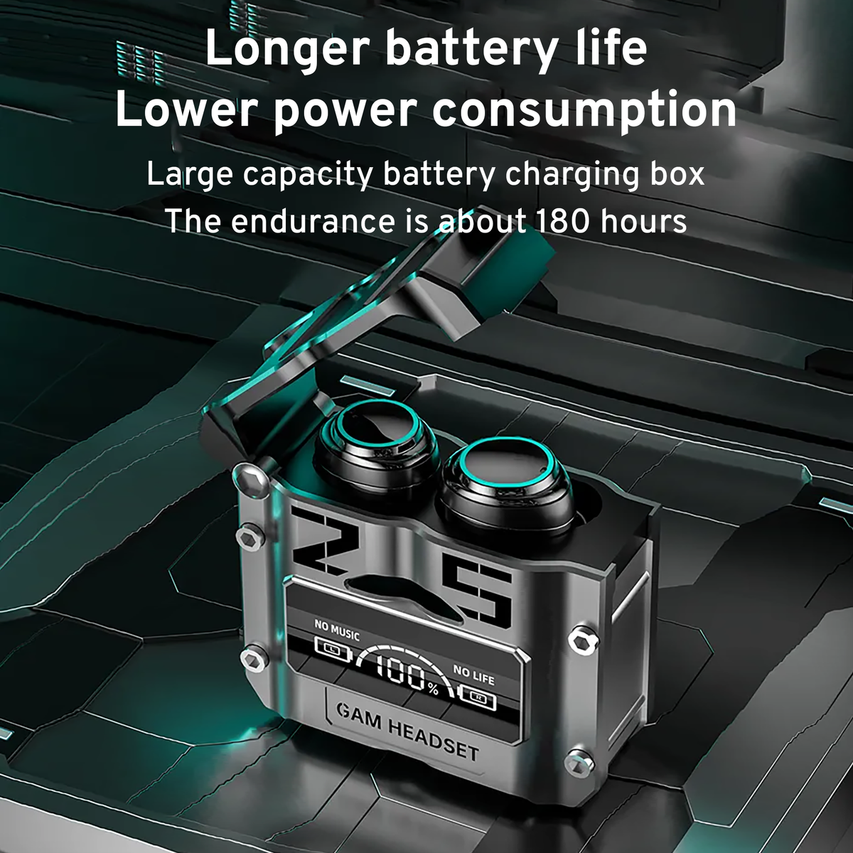 Silver charging case with two black earbuds on a mechanical-style design