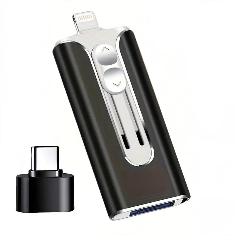 Black 3-in-1 USB flash drive with Lightning connector and blue USB port