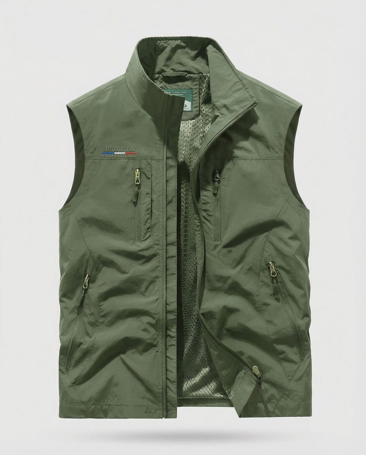 Army green utility gilet vest with stand collar, full zip, and multiple zip pockets.