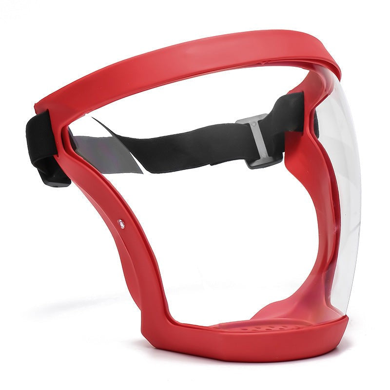 Anti-fog protective face shield with red frame and clear visor, side angle