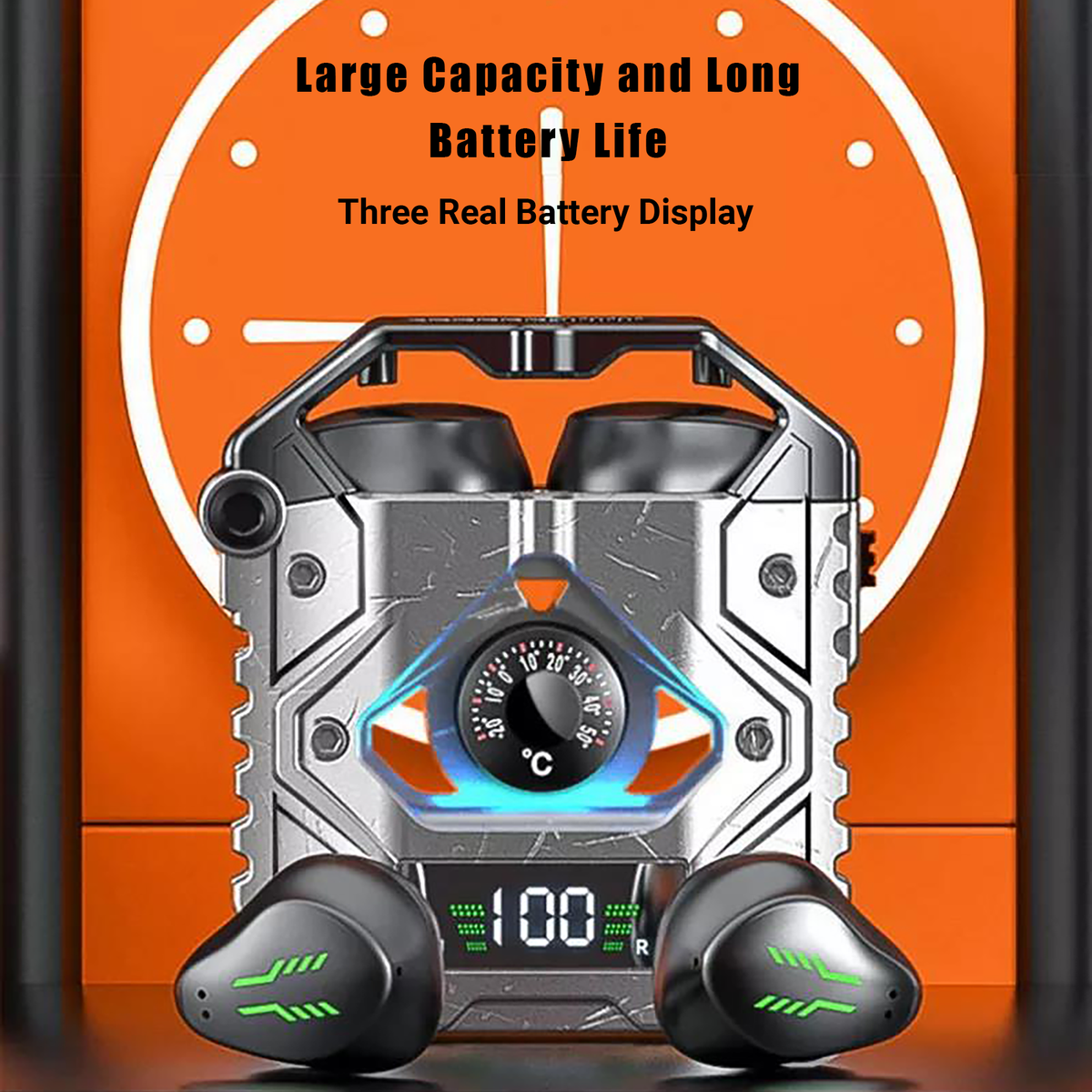 Gray wireless earbuds with charging case, two earbuds visible, central gauge-style detail