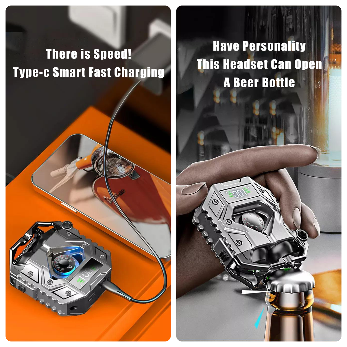 Wireless earbuds and charging case shown charging and held in hand