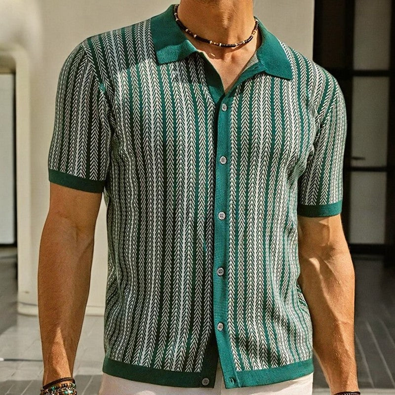 Herringbone organic cotton button-down shirt, close-up fabric texture