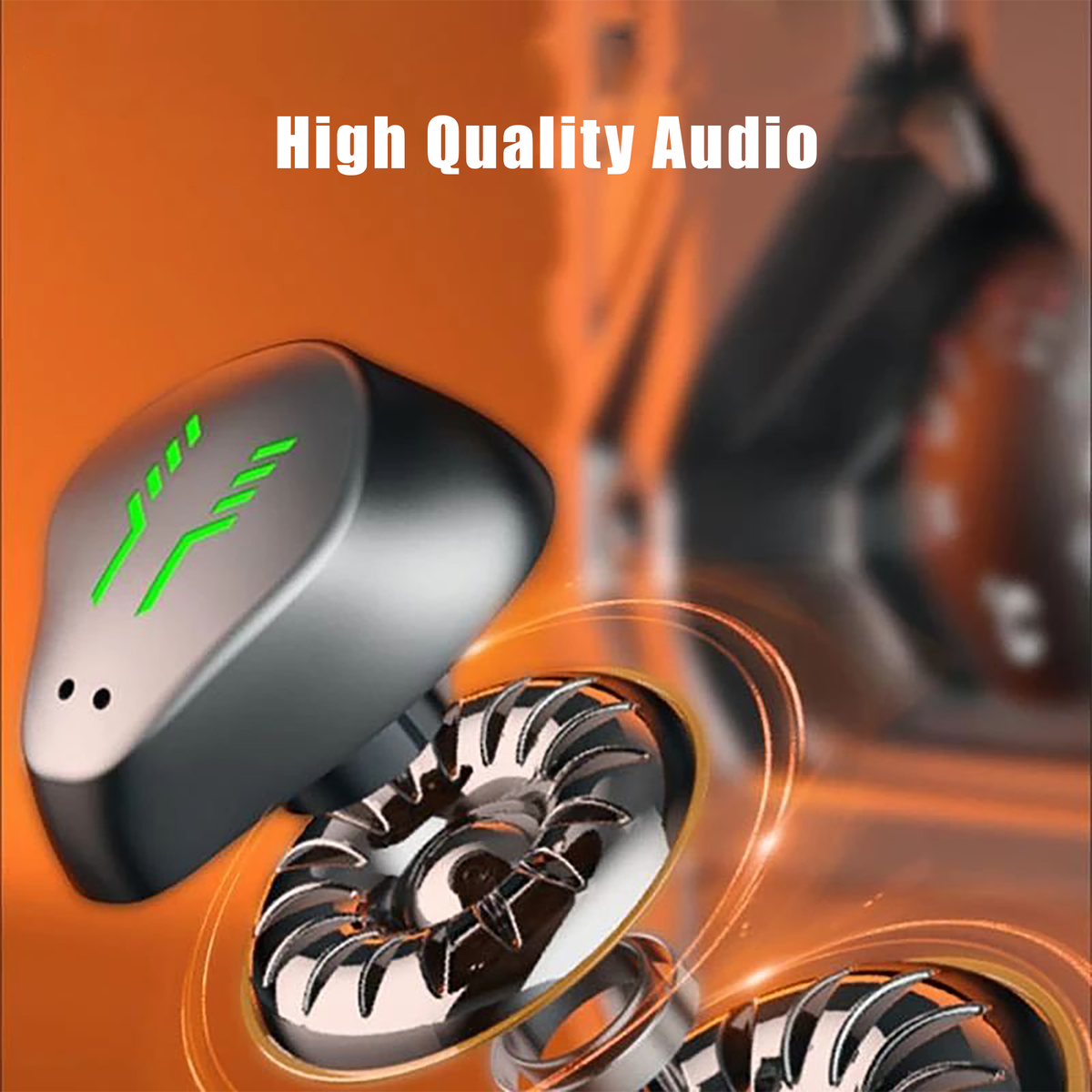 Wireless earbuds case with earbuds partly exposed and green status lights