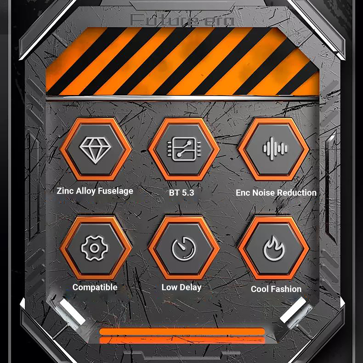 Mechanical-style charging case with illustrated feature icons on the front
