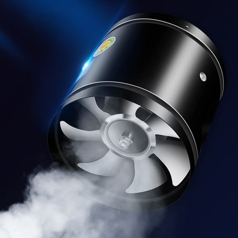 Black cylindrical exhaust fan with three-blade impeller and front grille