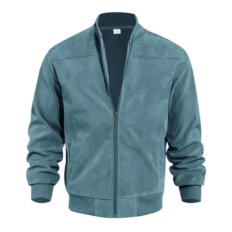 Teal suede-look bomber jacket with stand collar and zip front