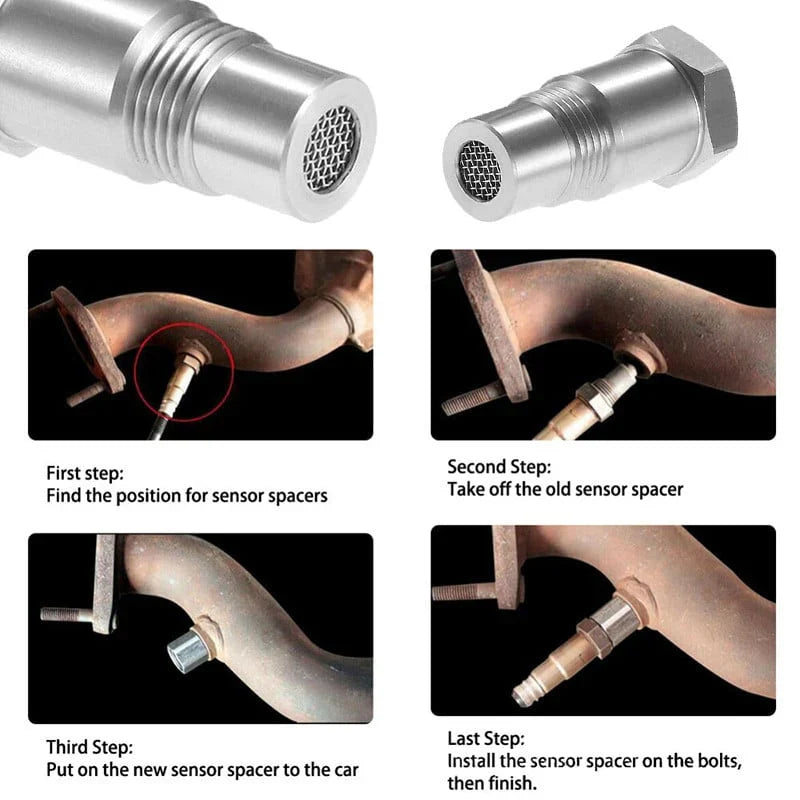 O2 sensor spacer shown with mesh tip and threaded insert on a vehicle install