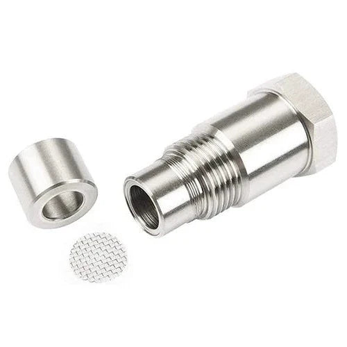 O2 sensor adapter eliminator kit with threaded spacer and removable mesh insert plug