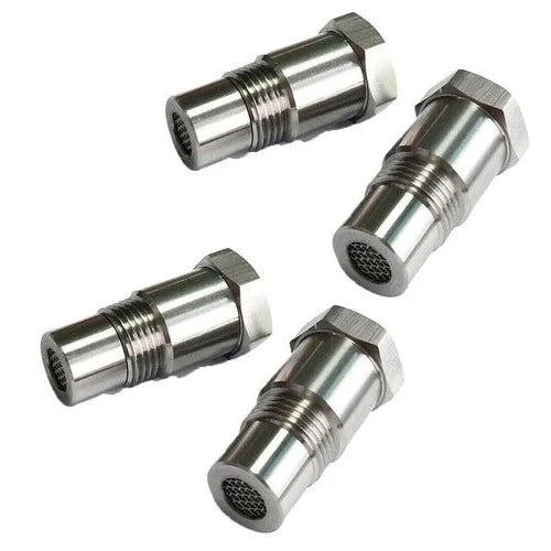 O2 sensor adapter eliminator set of four silver threaded spacers with mesh tips