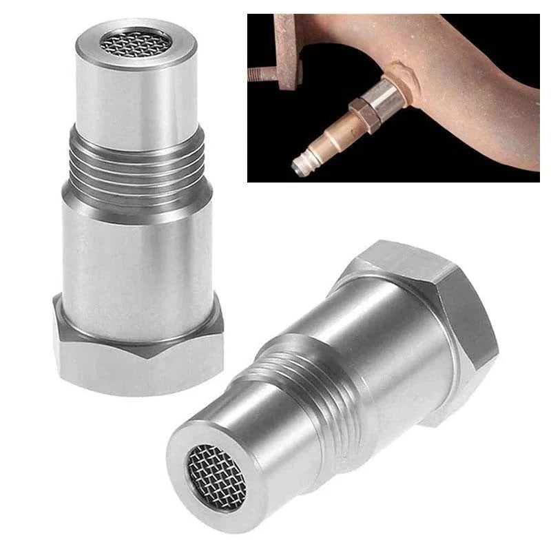 O2 sensor adapter eliminator: silver metal threaded spacer with mesh tip and hex ends