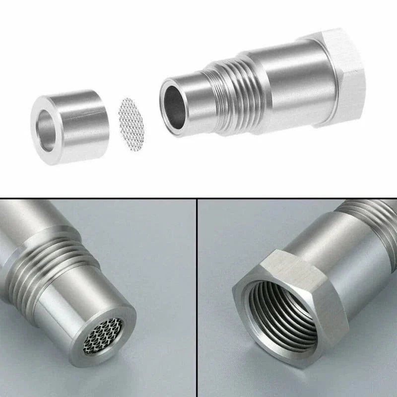 O2 sensor adapter eliminator with silver sleeve, internal threads, and mesh insert