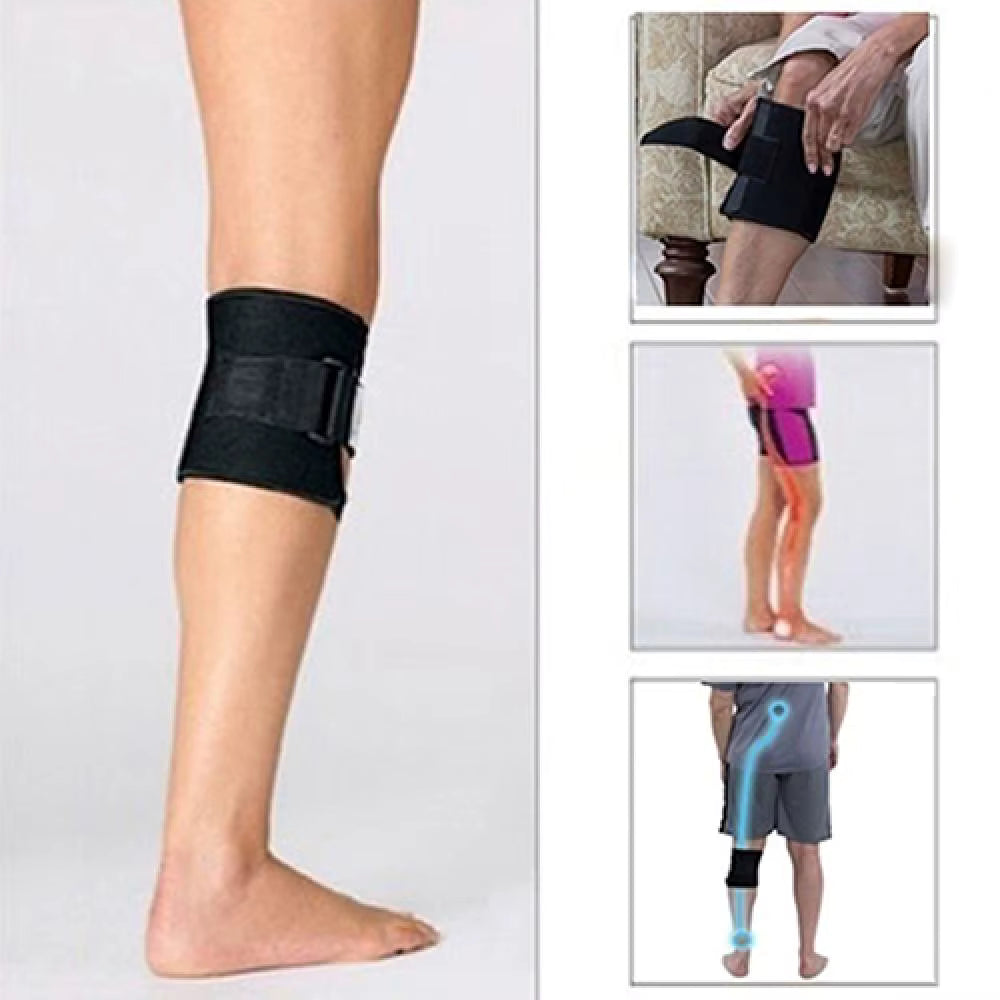 Black wrap leg brace with wide Velcro strap and support band on thigh
