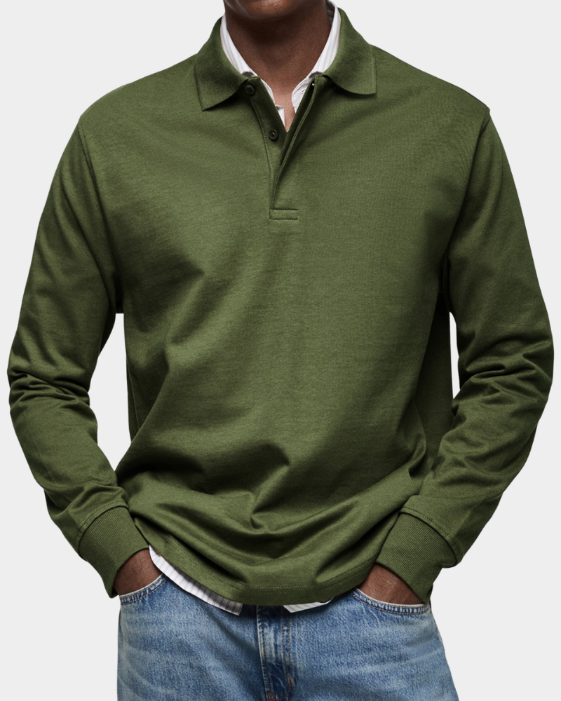 Men's olive green long-sleeve polo shirt with button placket and ribbed collar