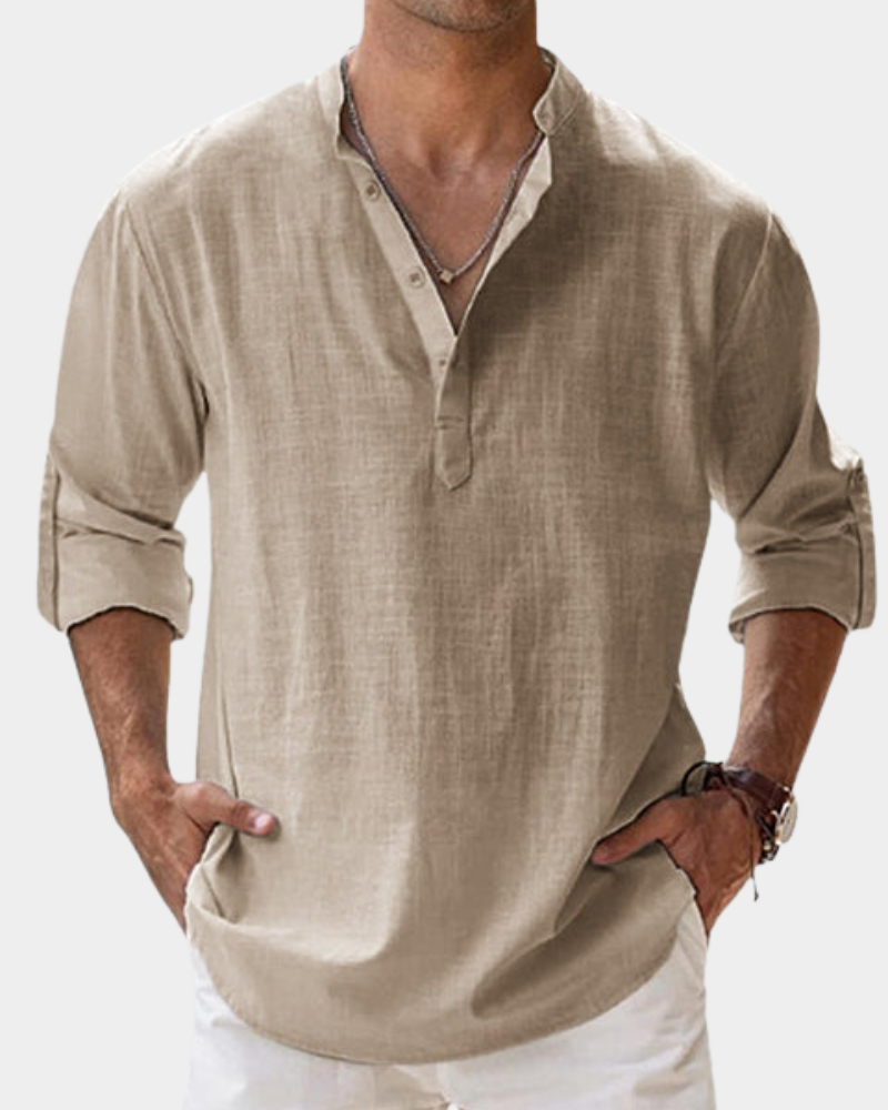 Khaki button-up casual shirt with V-neck and 3/4 sleeves, relaxed fit.