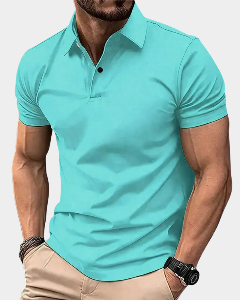 Turquoise solid polo shirt with short sleeves, button placket, and ribbed collar