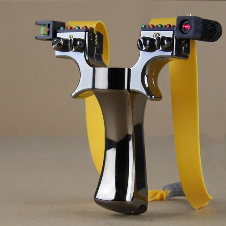 Silver and yellow laser slingshot with chrome body and black barrel