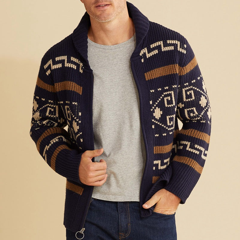 Men's navy zip cardigan with tan Aztec-style knit pattern and hood