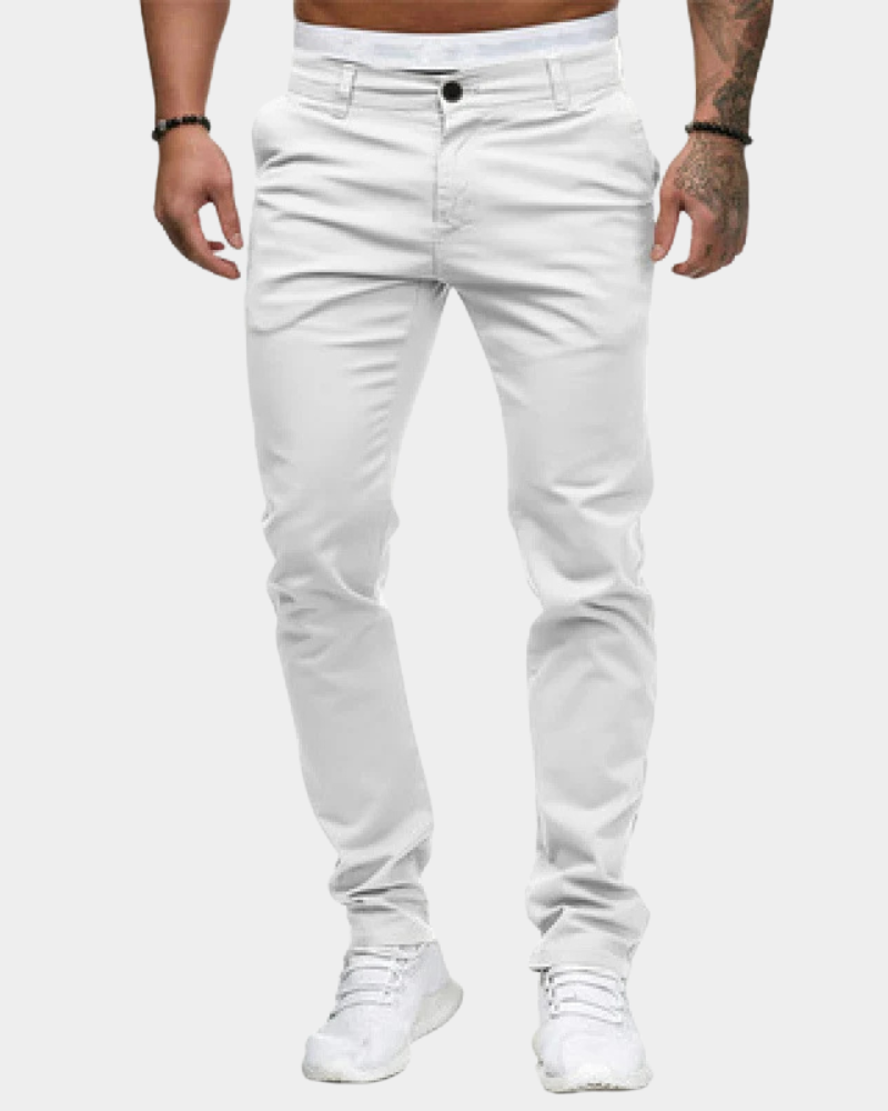 White slim tapered chinos with front pockets and button closure