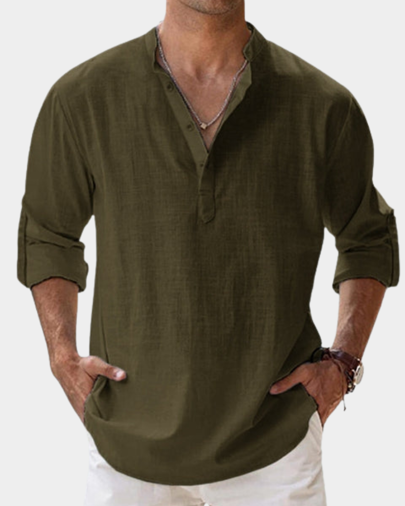 Olive green relaxed fit casual shirt with collar and button placket, long sleeves