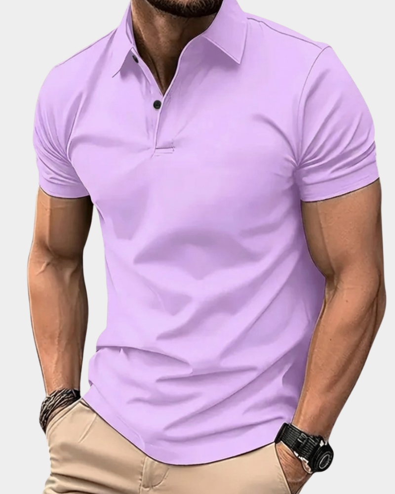 Lavender purple solid polo shirt with short sleeves, button placket, and ribbed collar