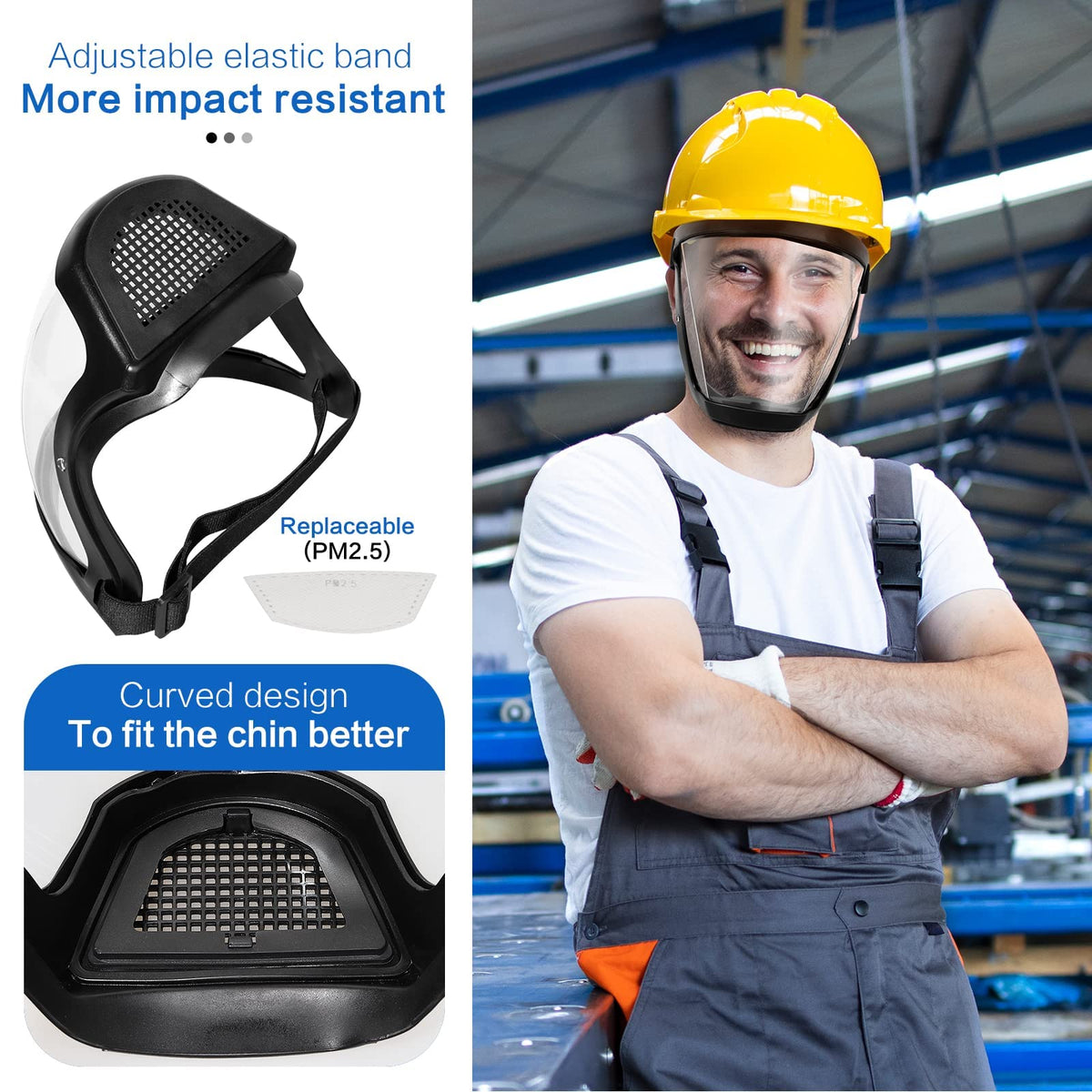 Anti-fog protective face shield with curved black frame and adjustable elastic band