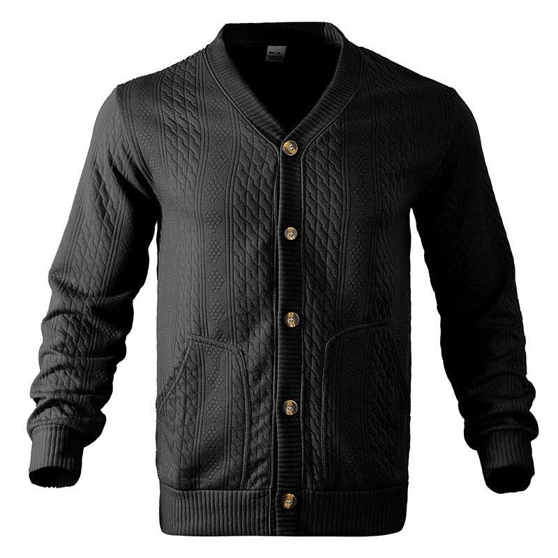 Men's textured knit button cardigan, black, V-neck with gold-tone button front
