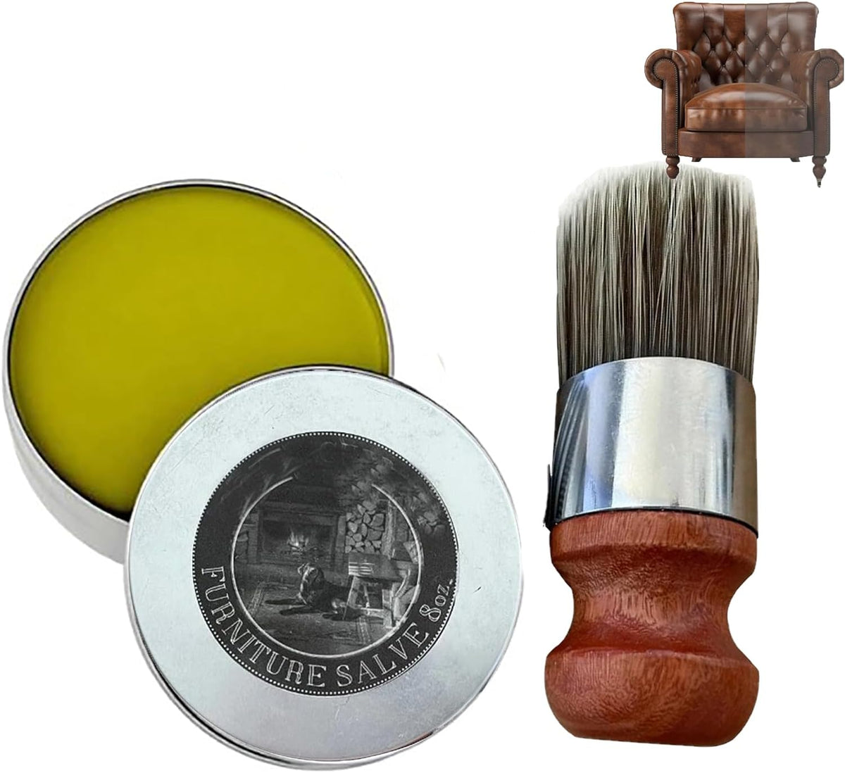 Furniture salve tins and wooden-handled brush with metal ferrule