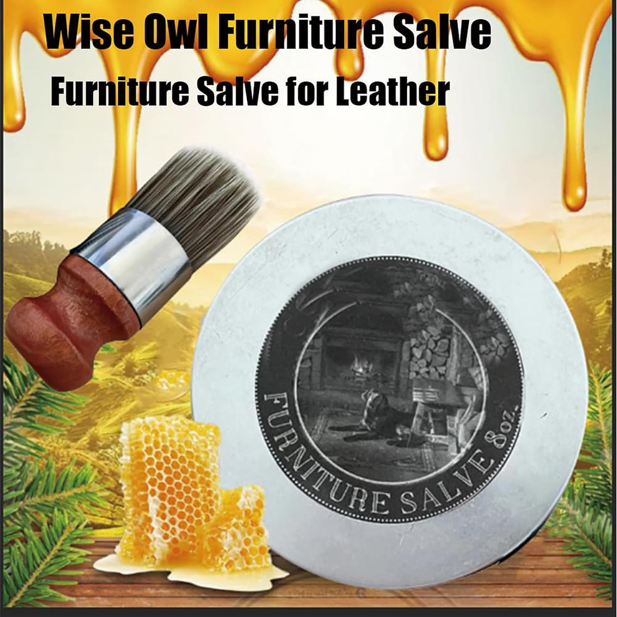 Furniture salve tin and brush with honeycomb and beeswax theme