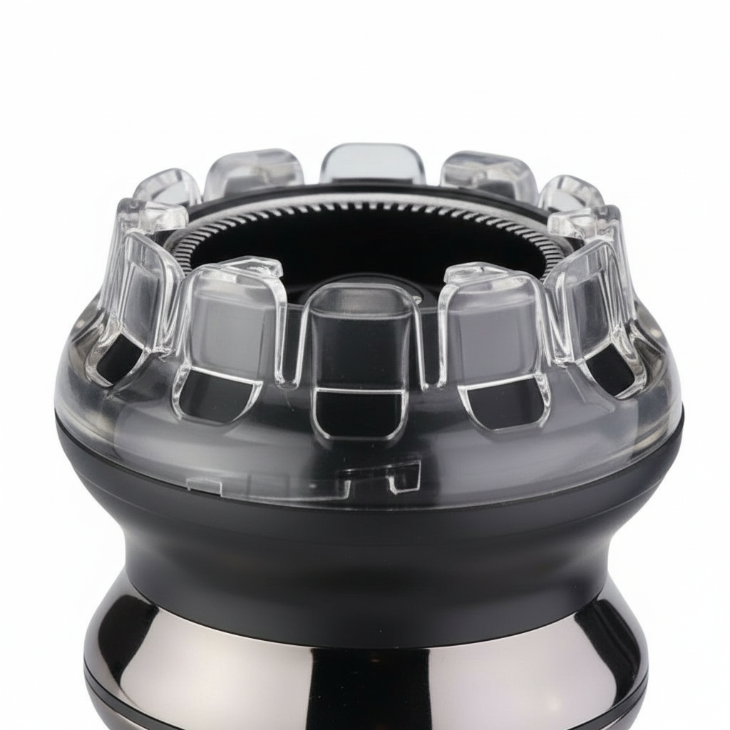 Cordless hair clipper top view with clear guard and visible cutting comb