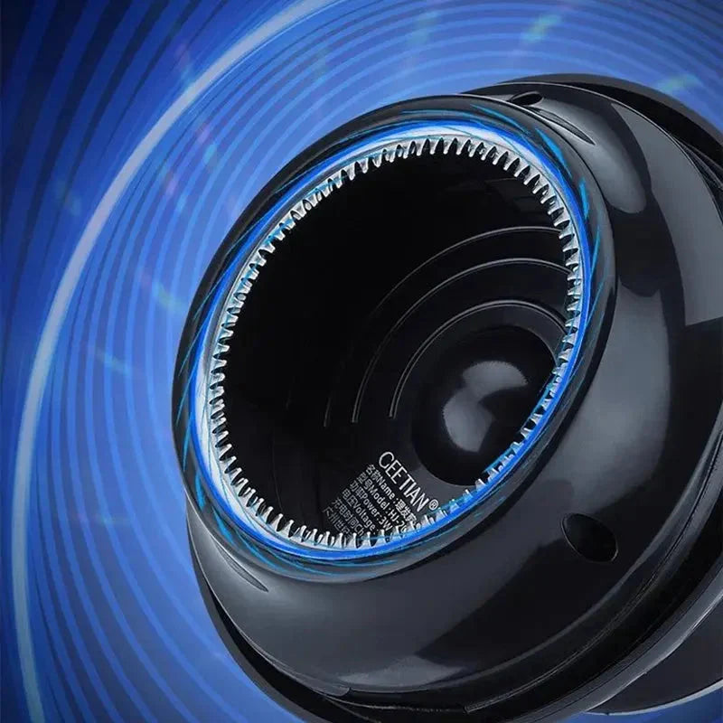 Cordless hair clipper blade view with black housing and blue accent ring