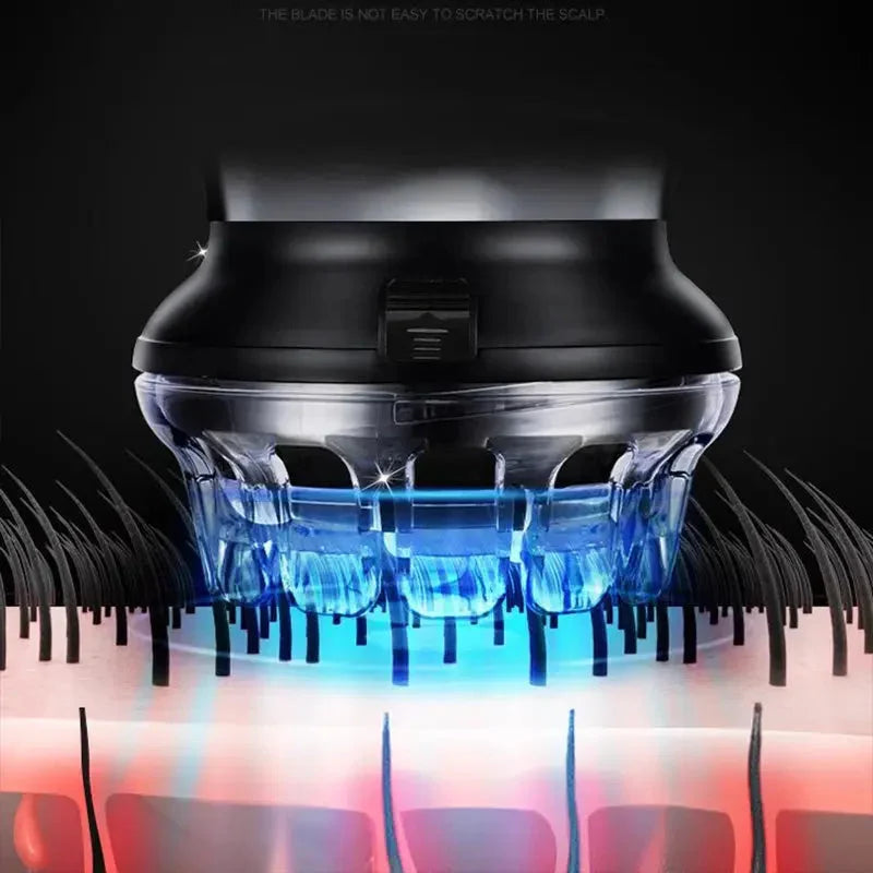 Cordless hair clipper underside with clear guard and blue light effect