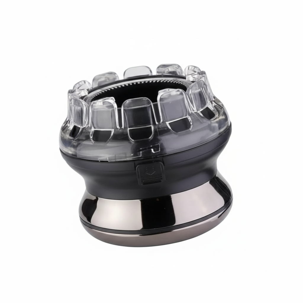 Cordless hair clipper angled view with clear cutting head guard and black base