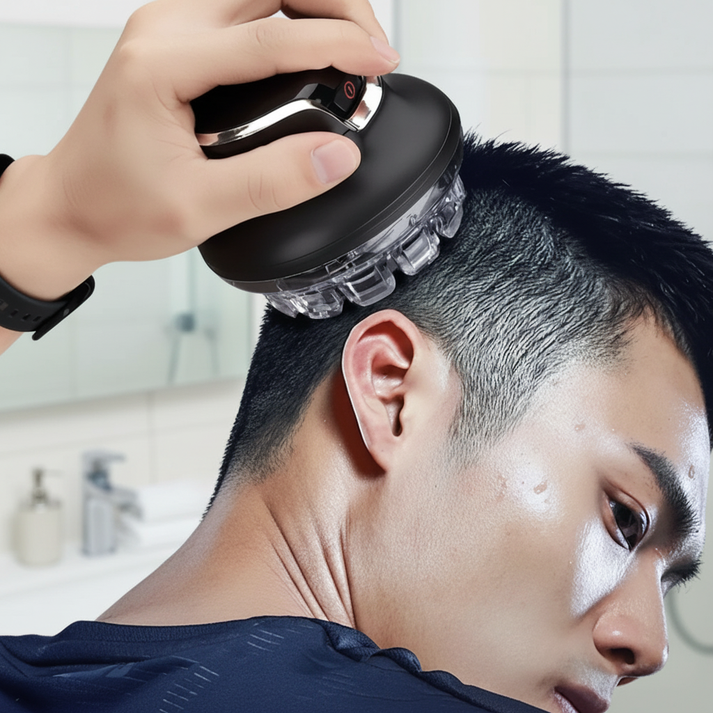 Cordless hair clipper trimming short hair; hand holds clipper against the head
