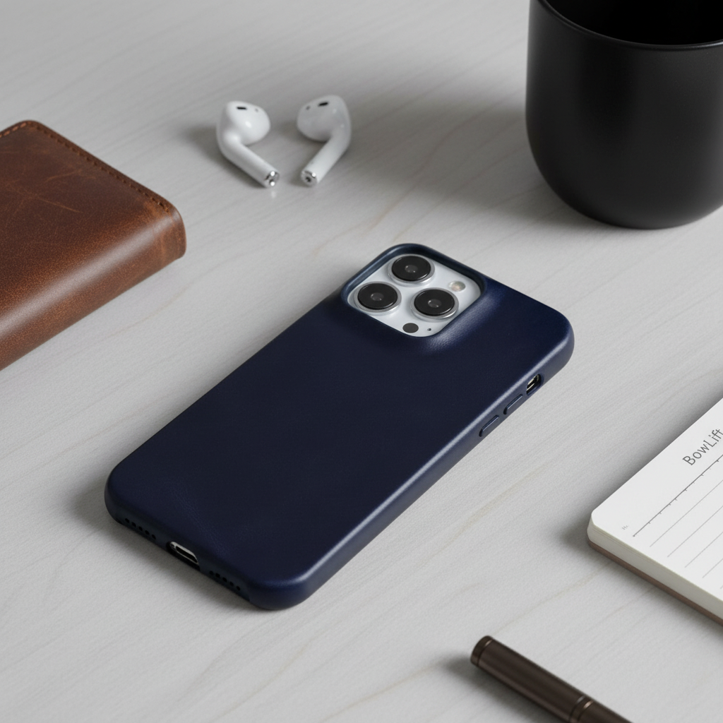 Oil-wax leather iPhone case in dark blue with raised camera cutouts and side openings