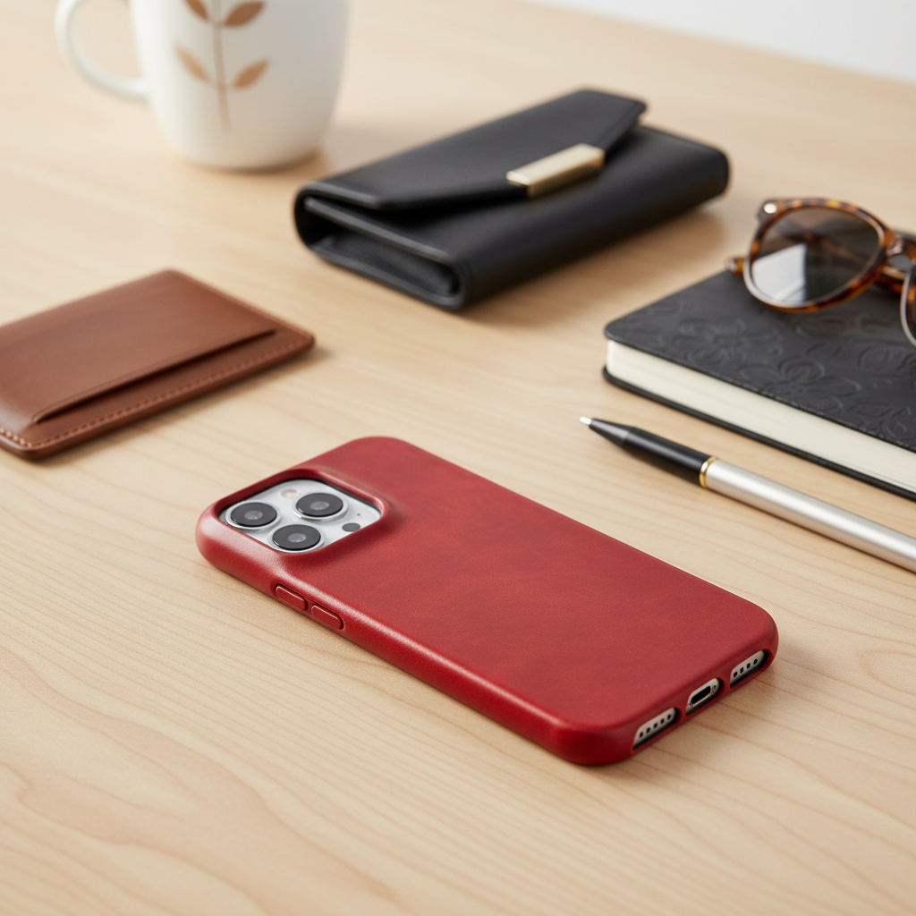 Oil-wax leather iPhone case in red with raised camera cutouts and cutout for ports