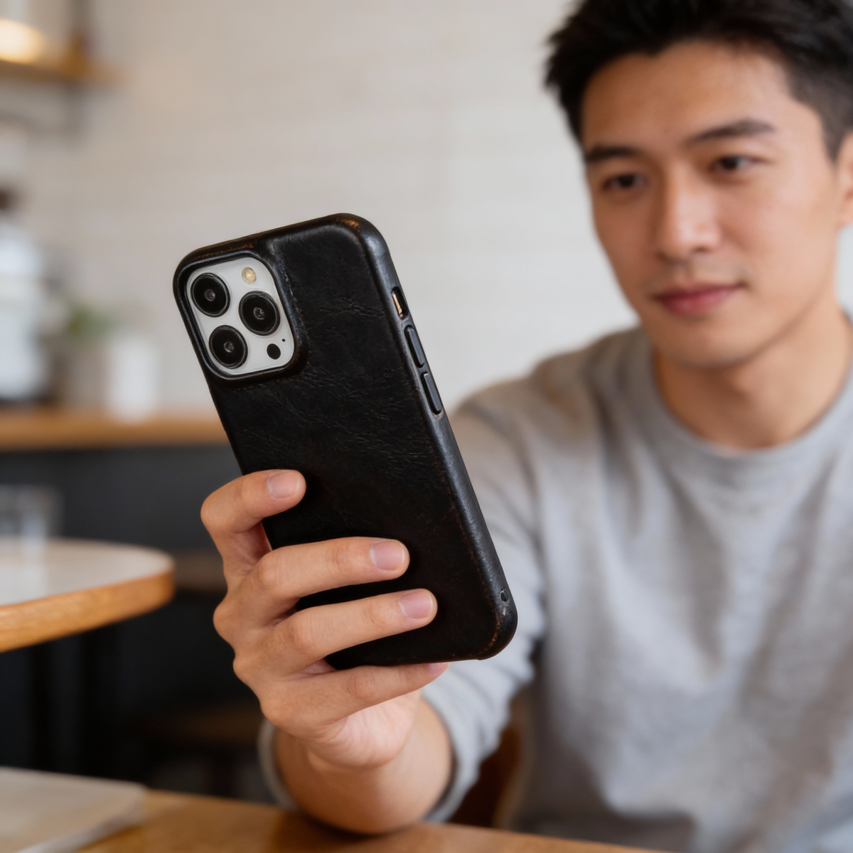 Oil-wax leather iPhone case in black leather with raised camera cutouts and side buttons