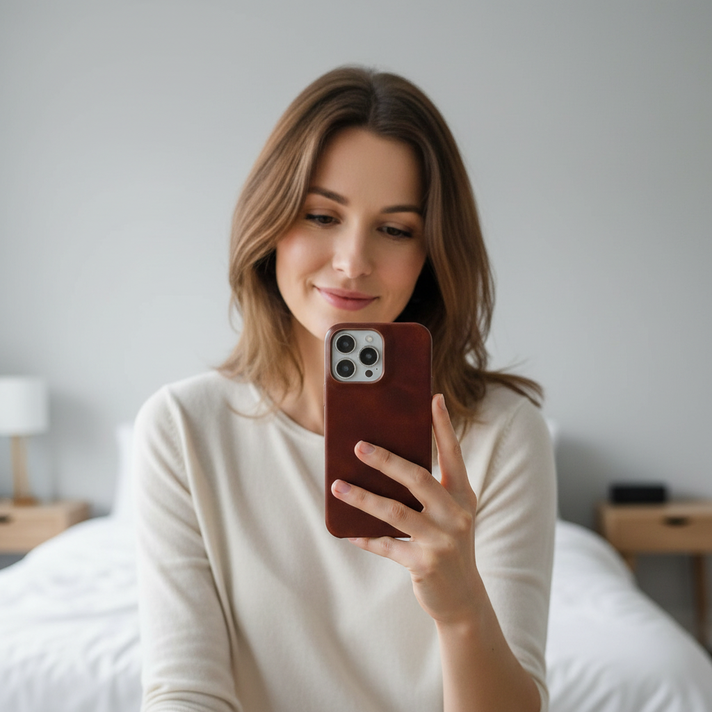Oil-wax leather iPhone case in brown, held in hand; raised camera cutouts visible