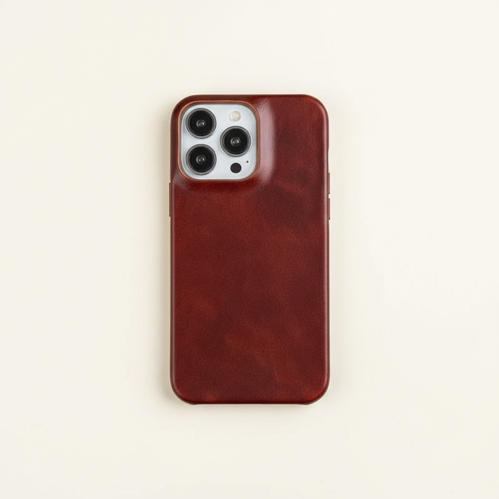 Oil wax leather iPhone case, burgundy red, smooth finish with camera cutout and edges