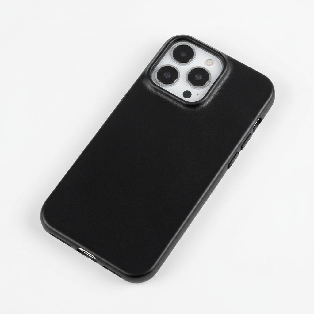 Oil wax leather iPhone case, black, smooth finish with raised camera ring and openings
