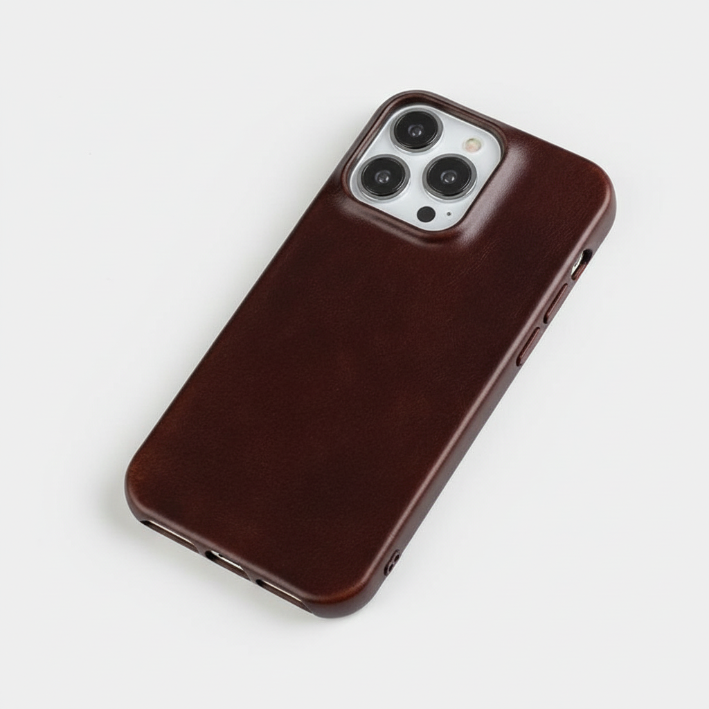 Oil wax leather iPhone case, dark brown, with raised camera ring and side cutouts