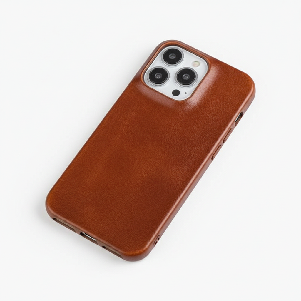Oil wax leather iPhone case, light brown/orange, textured finish with camera cutout
