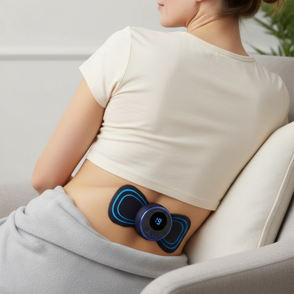 EMS muscle massage pad worn on upper body with two blue-lit electrode pads and controller