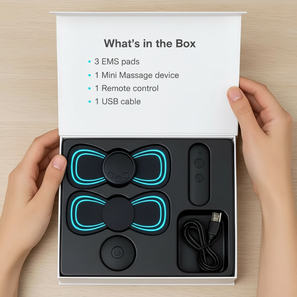 EMS muscle massage pad kit box showing three pads, mini device, remote, and USB cable