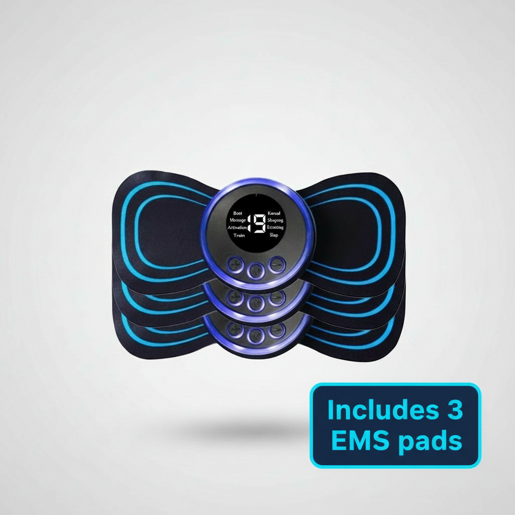 EMS muscle massage pad set with three pads stacked and round control module