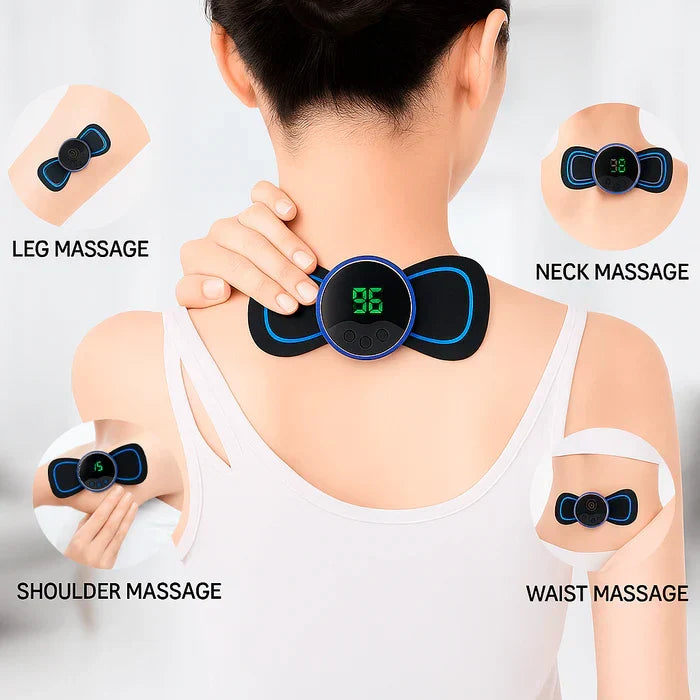 EMS muscle massage pad shown on neck, waist, shoulder, and leg areas with controller